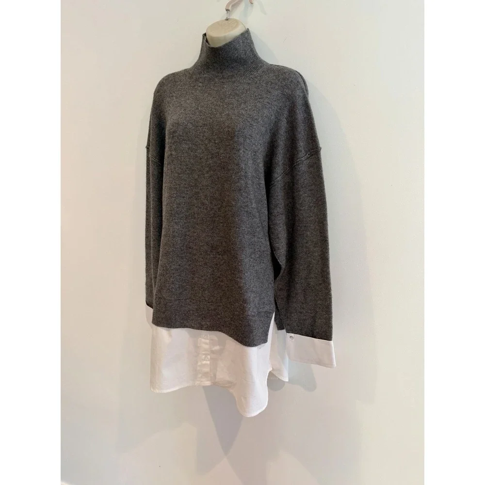 Zara Turtleneck Sweater & Layered Poplin Shirt NWT Sz L Gray Wool Blend Relaxed - Picture 4 of 10